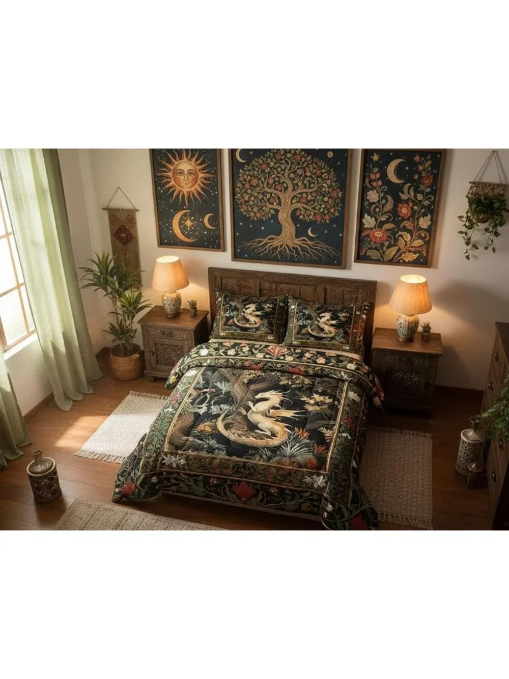 Western Dragon Comforter Set for Kids Country Style Flowers Leaves Bedding Set T